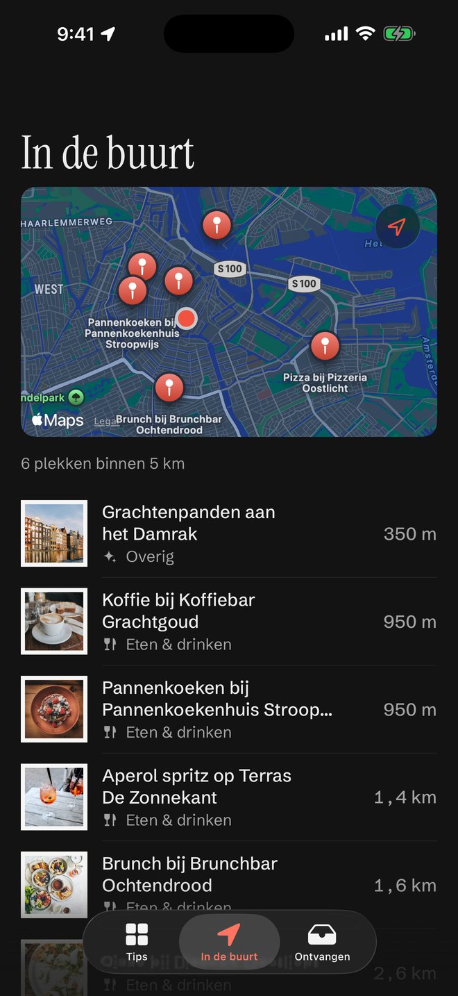 Het tabblad In de buurt met bewaarde plekken op de kaart